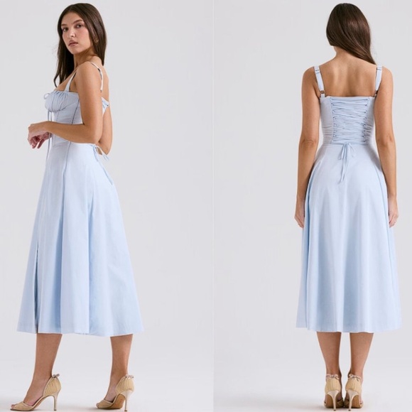 HOUSE OF CB 'Carmen' Soft Blue Cotton Bustier Sundress Size M - Picture 3 of 7